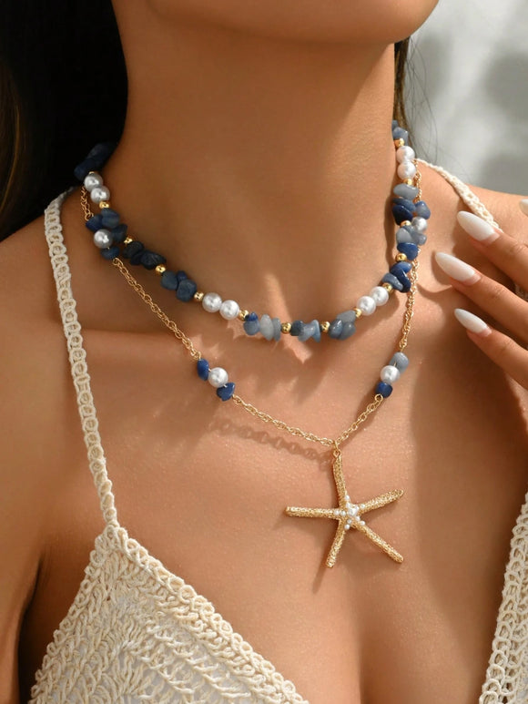 Gold Starfish and Blue Beaded Chain Necklace