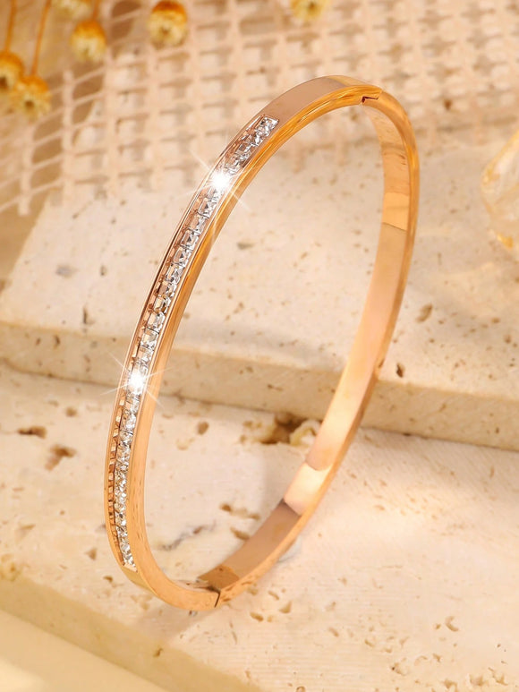 Stainless Steel Couple Bracelet With Single Row Rhinestone Detail