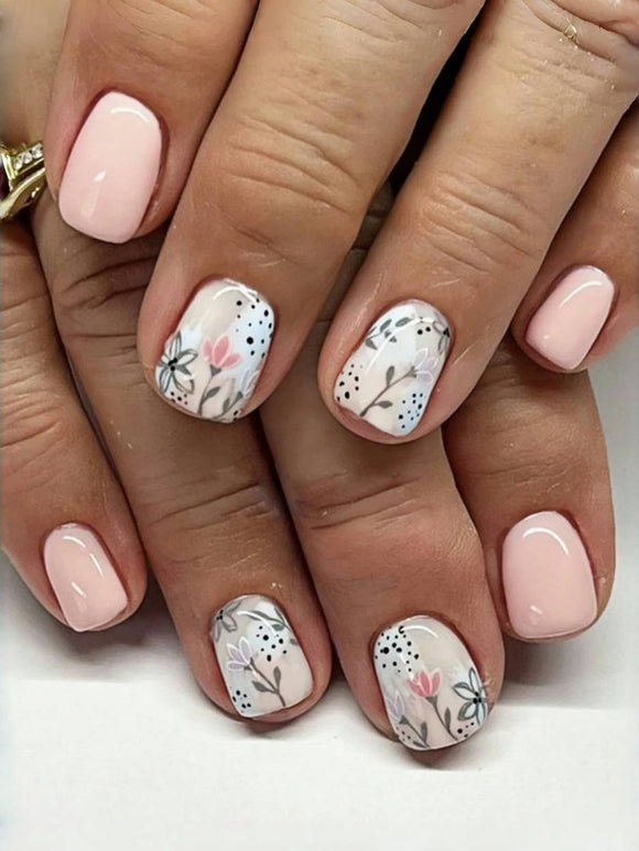 24 pc Short Square Cherry Blossom Short Square Nail Set
