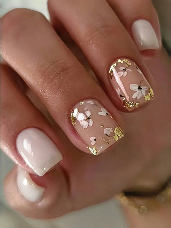 24 pc Short Square White Floral and Gold Leaf Short Square Nail Set
