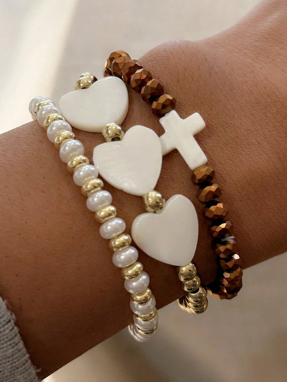 3 Pc Pearl Shell Cross & Heart Beaded Bracelet Set