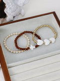 3 Pc Pearl Shell Cross & Heart Beaded Bracelet Set