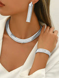 4 Pc Silver Wide Chain Necklace, Bracelet, & Earring Set