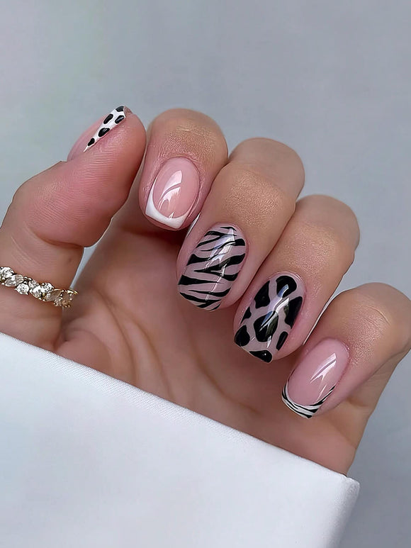 Multi Animal Print Pattern Black and White Long Square Nail Set