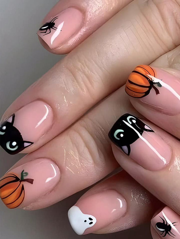 24 pc Pumpkin, Ghost, and Black Cat Design Short Square Nail Set