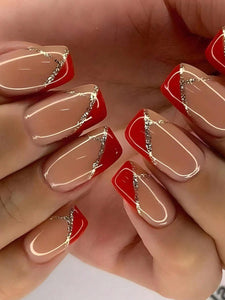 24 pc Red and Gold Glitter Medium Square Nail Set