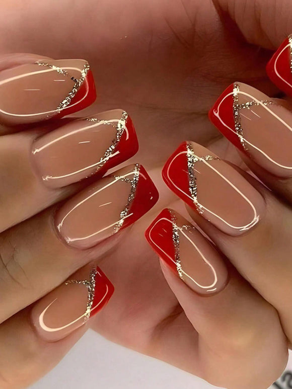 24 pc Red and Gold Glitter Medium Square Nail Set