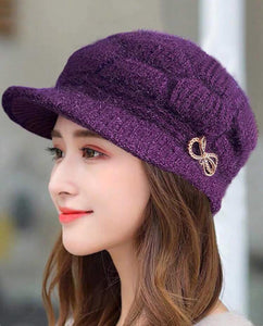 Purple Knitted Beanie Cap with Bow Detail