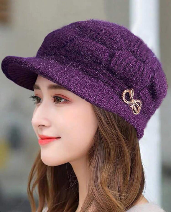 Purple Knitted Beanie Cap with Bow Detail