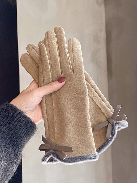 Women’s Khaki Fur Lined Riding Gloves with Bow Detail