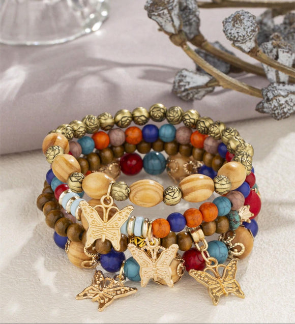 4 pc Boho Style Tassel Multilayer Beaded Bracelets with Butterfly Charm Detail