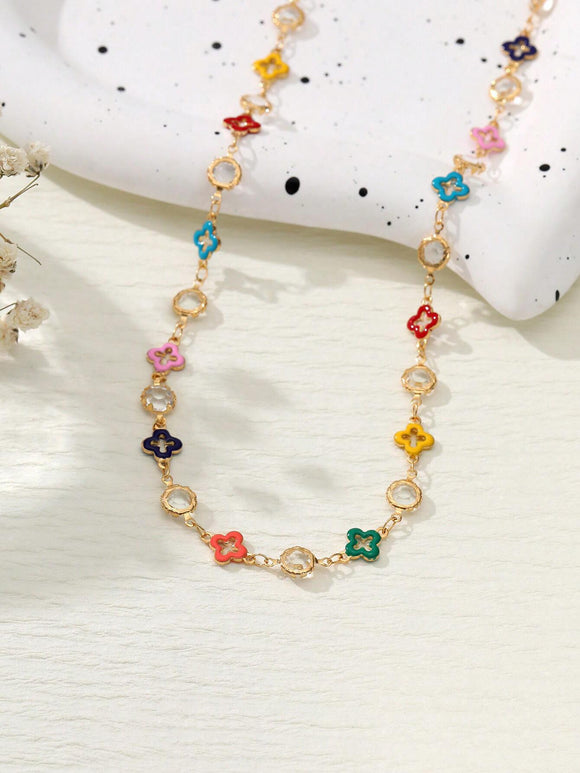 Colorful Flower Design Gold Necklace