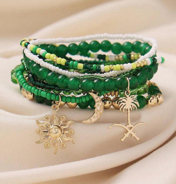8 pc Green Stone Beaded Bracelet with Sun and Palm Team Charm Detail