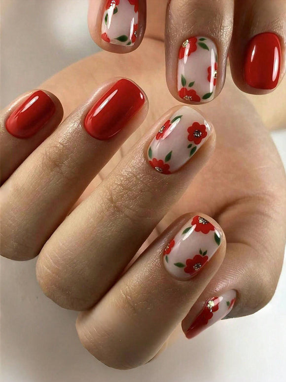 24 pc Red Floral Short Square Nail Set