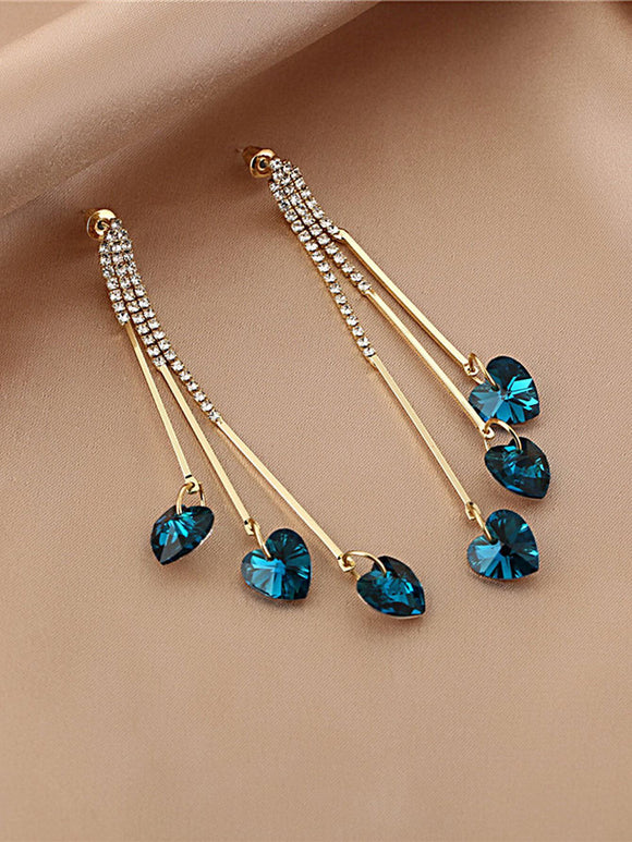 Blue Rhinestone Heart Drop Earrings