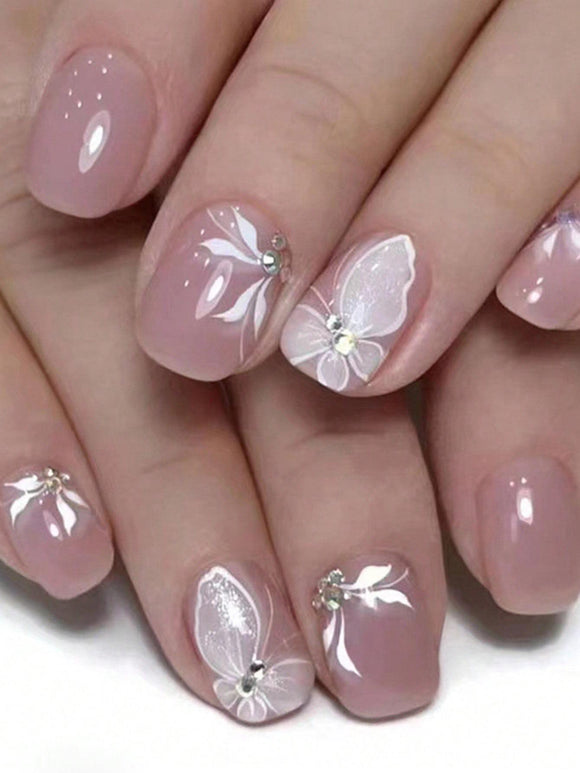 24 Pc Pink Butterfly and Floral Design Short Square Nail Set