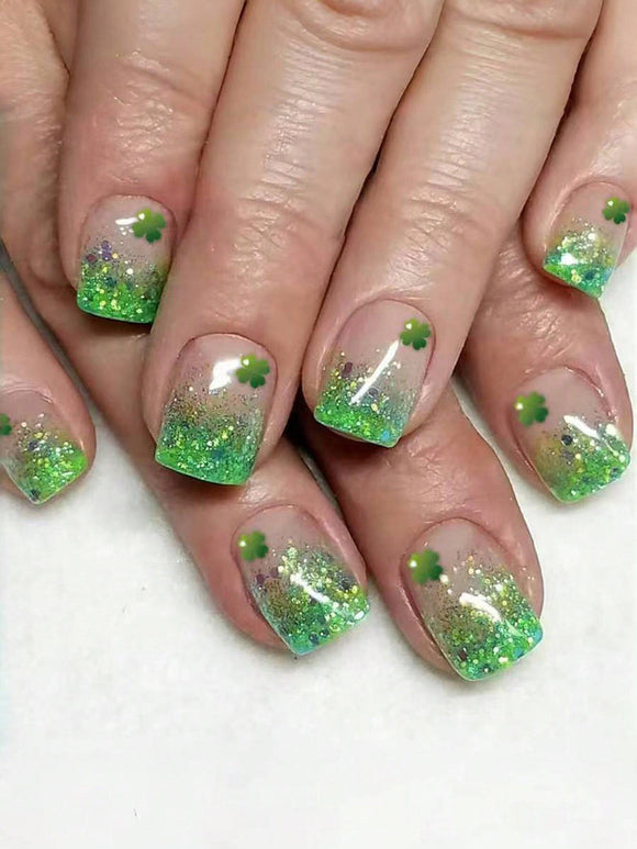 24 Pc 4 Leaf Clover Green Glitter Short Square Nail Set