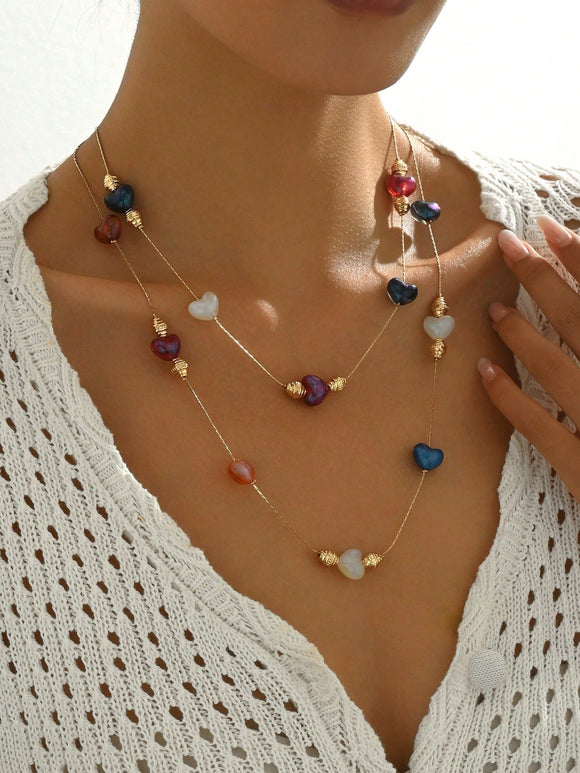 Fashionable & Elegant Rainbow Resin Heart Shaped Layered Necklace