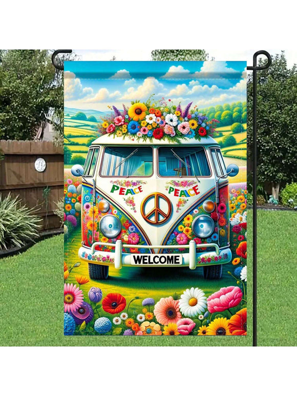 Vintage Van Welcome Peace Floral Garden Flag