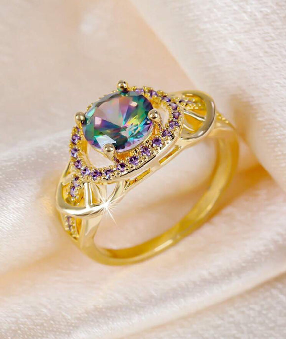 Oil Spill Solitaire with Purple Rhinestone Detail Gold Ring