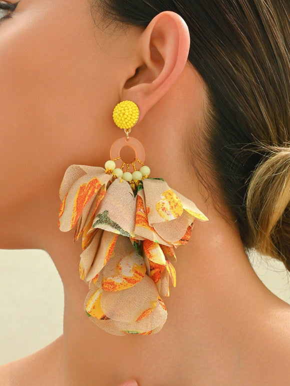Multi Color Floral Petal Earrings with Yellow Bead Detail