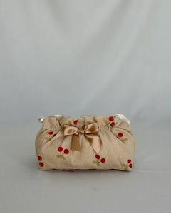 Red Cherry Design Corduroy Zippered Cosmetic Bag with Bow Detail