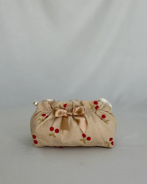 Red Cherry Design Corduroy Zippered Cosmetic Bag with Bow Detail