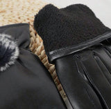 Pu Leather and Floral Fur Design Black Gloves