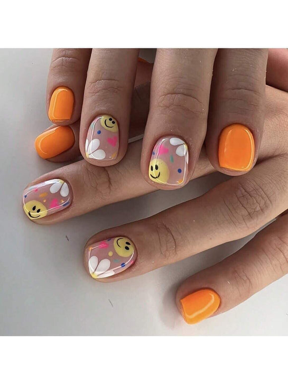 Smiley Floral Orange Short Square Nail Set