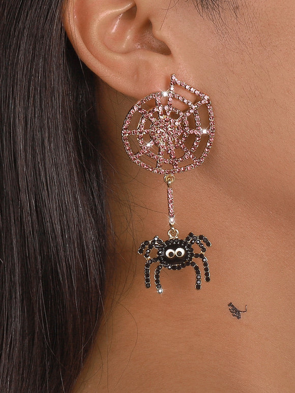 Halloween Pink and Black Rhinestone Spider and Web Earrings