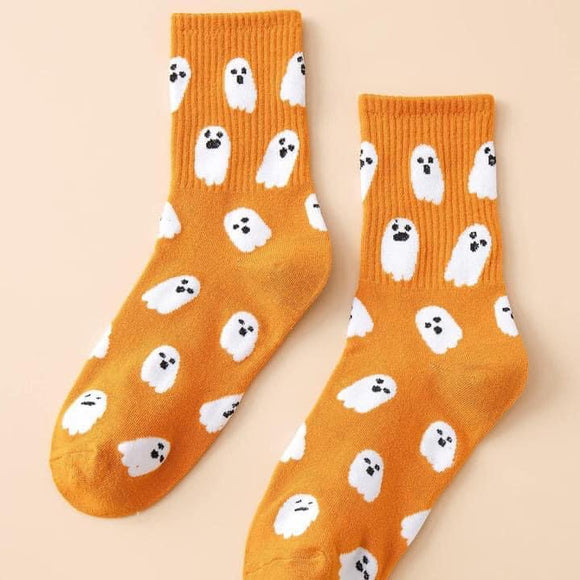 Halloween Ghost Mustard Yellow Crew Socks