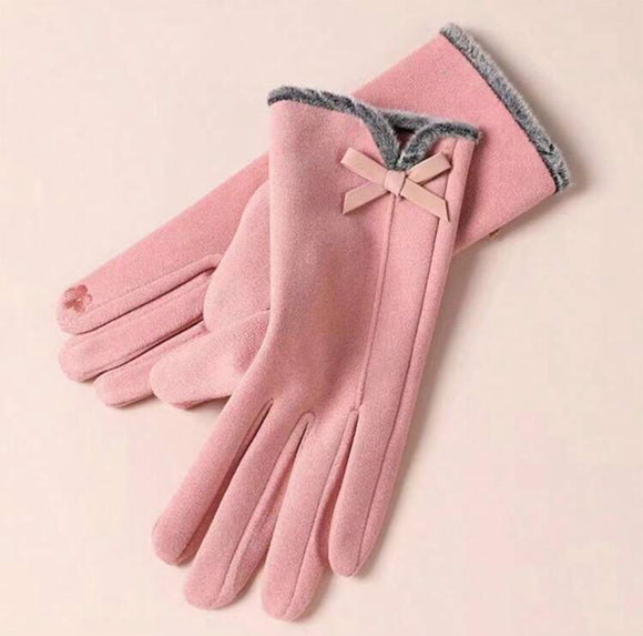 Pink Bow Design Gloves with Grey Fur Detail