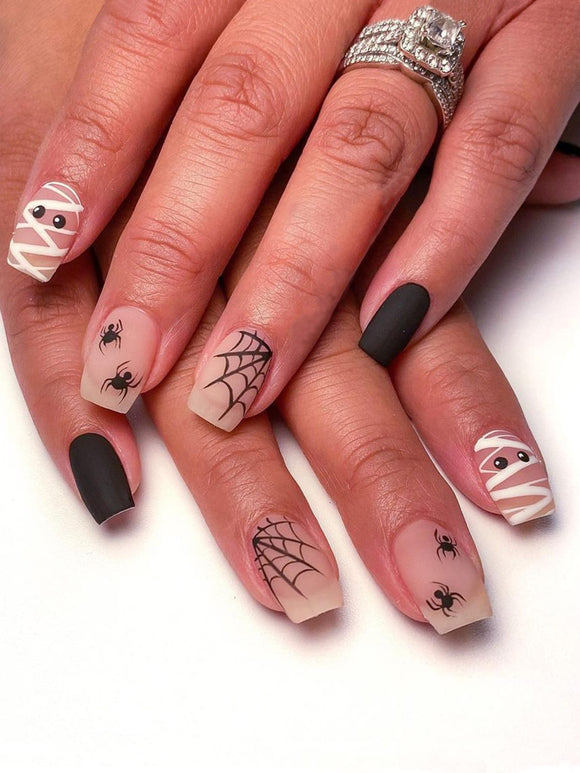 Halloween Mummies and Spiderwebs Matte Black Short Square Nail Set