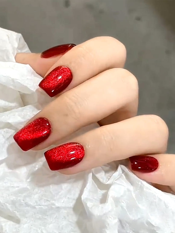 Cat’s Eye Red Glitter Short Square Nail Set