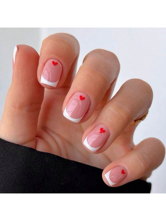 Red Heart French Manicure Short Square Nail Set