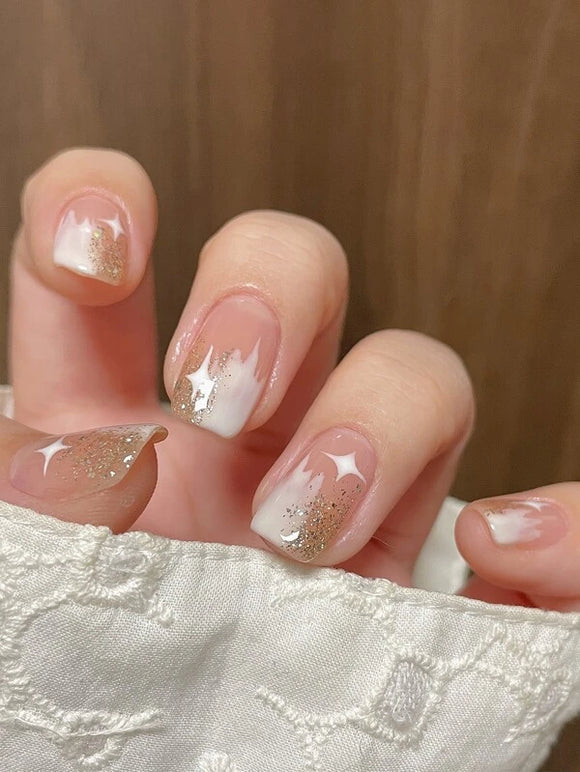 White Star & Gold Glitter Design Short Square Nail Set