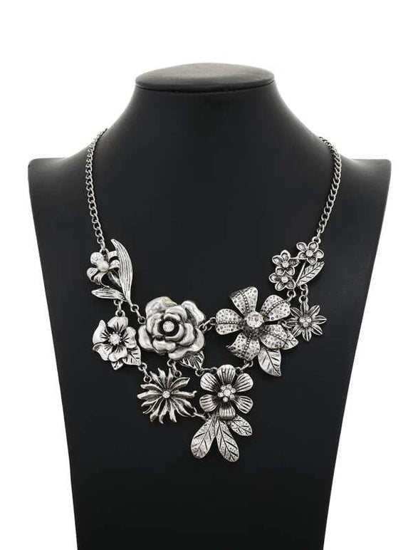Silver and Rhinestone Floral Necklace