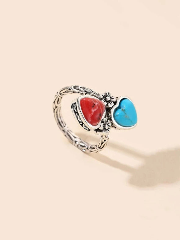 Turquoise Heart & Flower Decor Ring