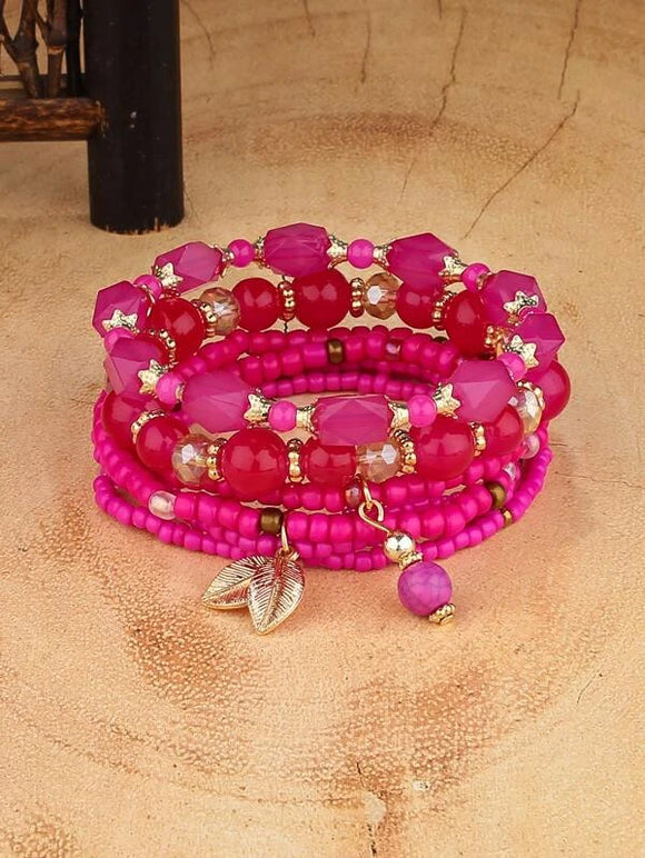 4 pc Leaf Charm Pink Beaded Bracelet