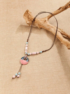 Ceramic Bead Y Necklace in Pink and Blue
