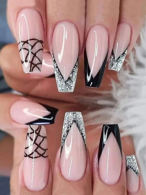 24 piece Pink & Black Glitter Coffin Style Nail Set