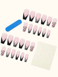 24 piece Pink & Black Glitter Coffin Style Nail Set