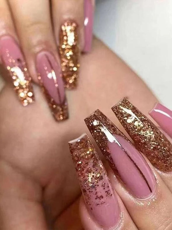 24 piece Pink & Gold Glitter Coffin Style Nail Set