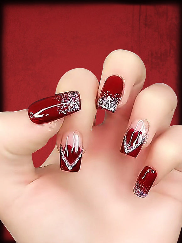 Red Heart Glitter Long Square Nail Set