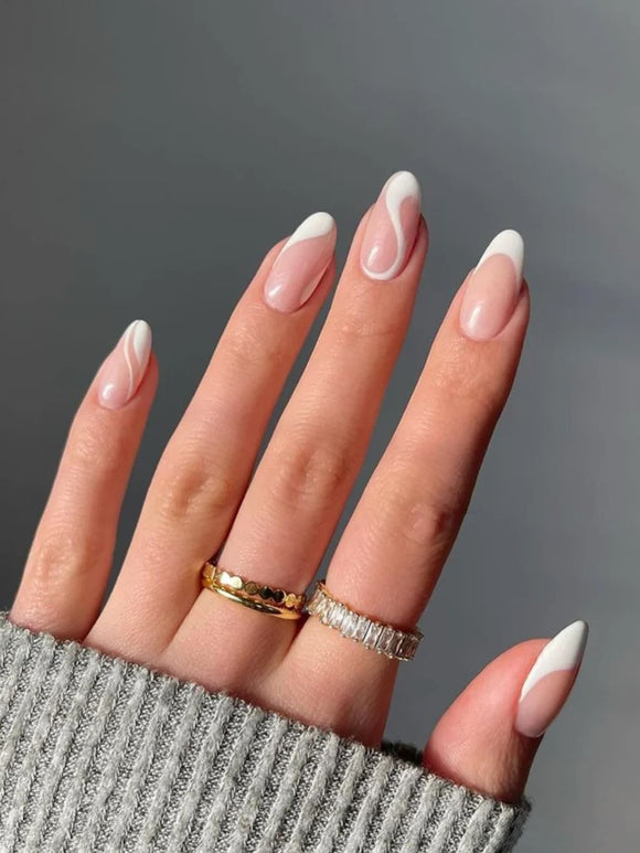 White Design Long Almond Nail Set