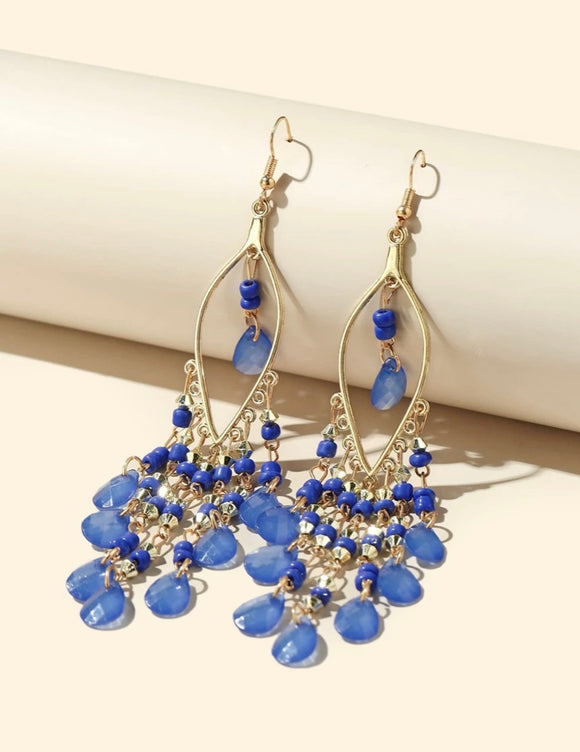 Blue Beaded Tassel Earrings