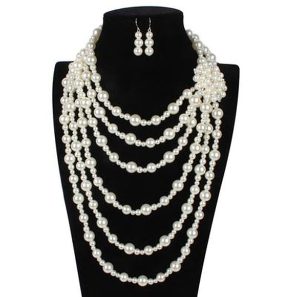 Multi Layered Pearl Necklace with White Rhinestone Floral Detail