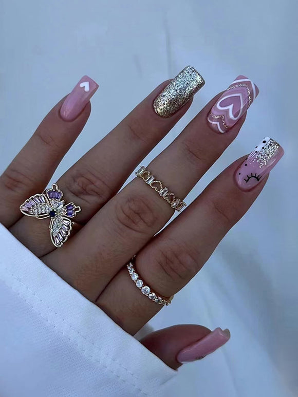 Pink Heart & Glitter Short Square Nail Set