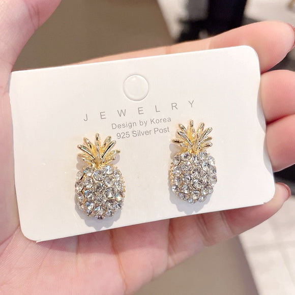Pineapple White Rhinestone Earrings with Gold Crown