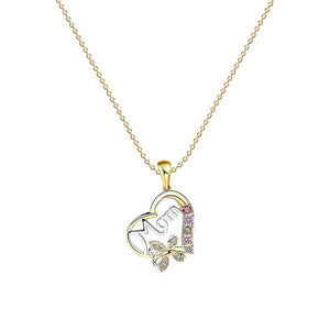 Heart Shaped Mom Pendant w/ Multi Colored Rhinestone & Butterfly Necklace